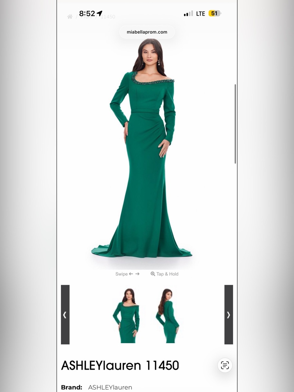 Ashley Lauren Emerald Off-Shoulder Long Evening Dress